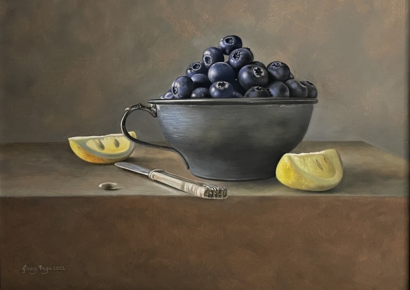 Composition in Blue and Yellow, 2022 – Still life oil painting on panel, 34 x 36 cm – Ginny Page